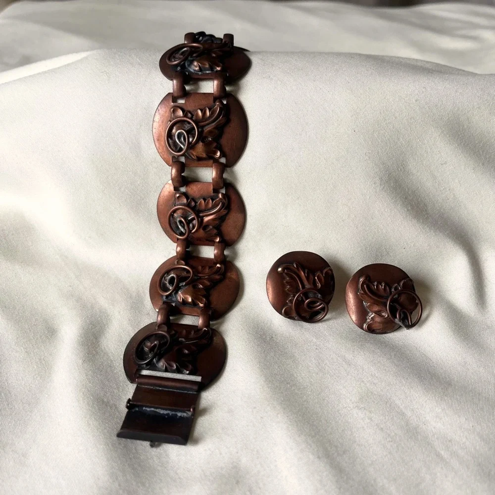 Vintage Copper Link Bracelet Earrings Set Sculptural‎ Floral Statement 7